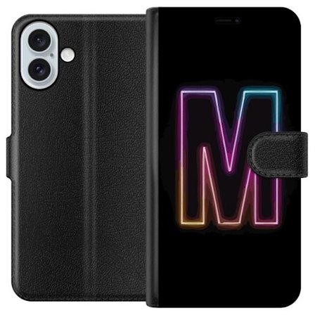 Yhteensopiva Lompakkokotelo Apple Apple iPhone 16 Plus Neonkirjain M värinvaihtuva valotehoste mustaa taustaa vasten, moderni minimalistinen typograf