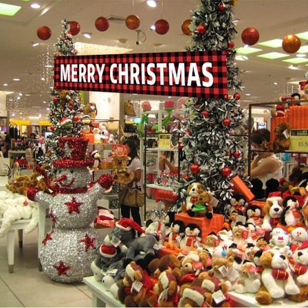 Stort Glædelig Jul Banner, Rød Buffalo Plaid Jule Skilt med Snemand Juletræ Mønster til Julefest, Udendørs Indendørs Dekoration, 9.8 x 1.6