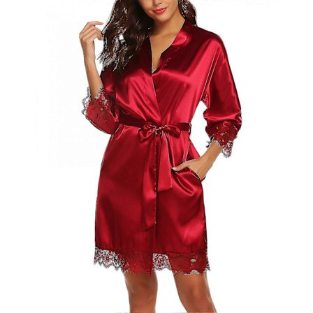 Dame Satin Silke Badekåbe Skrå V-hals Kort Kimono Kåbe Brudepiger Kåbe ------ Rød (størrelse L)