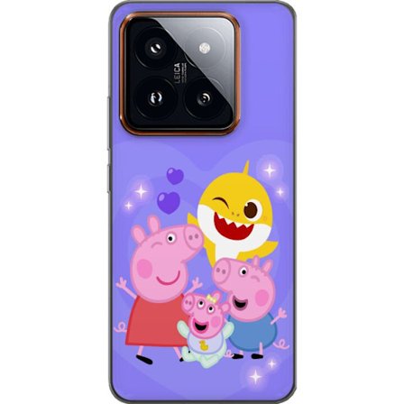 Kompatibel Mobilcover til Xiaomi 14 Pro Peppa Gris mønster med hjerter, sommerfugle og venner, lyserød baggrund i bløde børneillustrationer