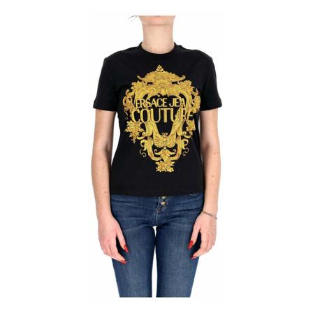 Versace Jeans Couture, T-shirt girocollo con logo stampato fronte donna Versace 73Hahp 02-Cj 01P Nero/Oro Zwart, Dames, Maat:S,Katoen,Bedrukt