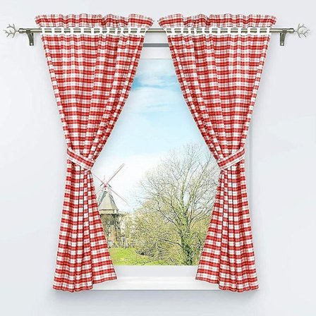 Sæt med 2 mørklægningsgardiner perforeret med 2 ternede vinduesdekorationer til indendørs soveværelse rød H/B 120/80cm
