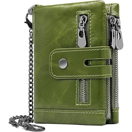 Dame Lær Lommebok RFID-beskyttelse Dame Lommebok Flere Rom og 16 Kortspor Bifold Lær Dame Lommebok med Kjede Grønn