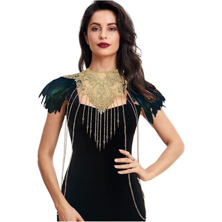 Kvinnors fjäder smycken gotiska fjäder epaletter axelklaffar cape topp krage steampunk k? Rperkette kroppskedjesele