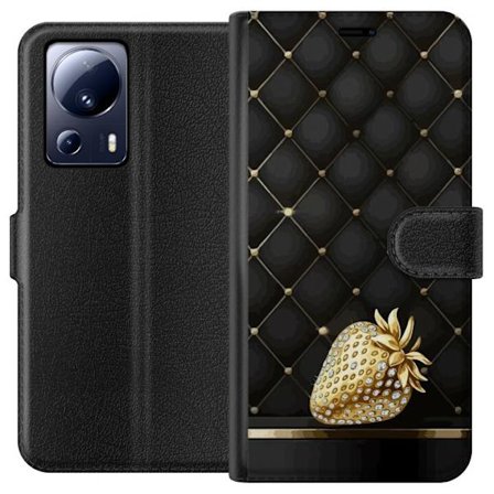 Yhteensopiva Lompakkokotelo Xiaomi 13 Lite Kultainen mansikka kimaltavilla yksityiskohdilla