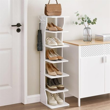 Smal skohylla med 7 hyllplan och krokar – Vit