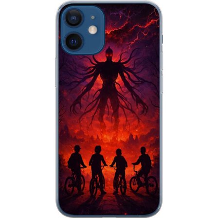 Kompatibelt Mobilskal till Apple Apple iPhone 12 Mörk fantasyillustration inspirerad av Stranger Things med övernaturlig varelse, blixtar och cykla