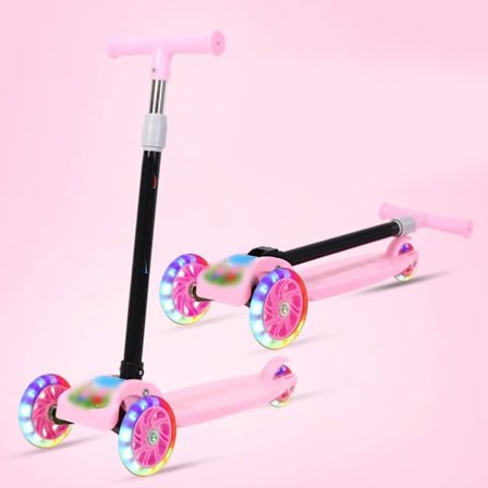 Foldbar børnescooter med 3 blinkende hjul, glider, justerbar højde, bred platform, 2-8 år, drenge og piger, pink