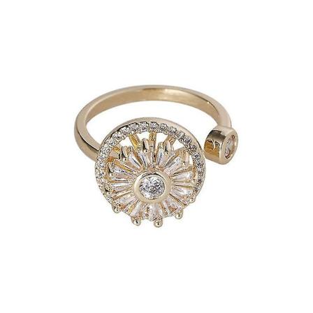 Angstring for kvinner med kubisk zirkonia blomst, roterbar, justerbar, meditasjon, stressavlastende ring, gull