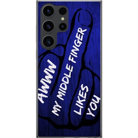 Kompatibelt Mobildeksel til Samsung Galaxy S24 Ultra Mørk typografisk illustrasjon med hjerteform og budskap om vennskap mot dyp blå tretekstur