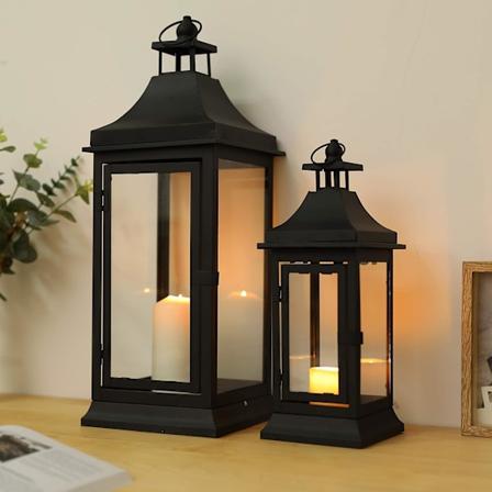 2 kpl Ulkoilmakylttikynttil lyhtyj - Vintage-tyyliset ripustettavat metalliset lyhdyt (33cm & 49.5cm) Kotiin Svart
