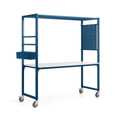 Mobile multi-table TEAMWORK, accessory box, tool panel, blue, whiteboard table top