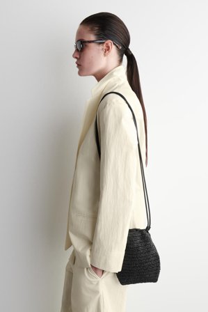 COS Women's Drawstring Phone Pouch Straw Bag in Black