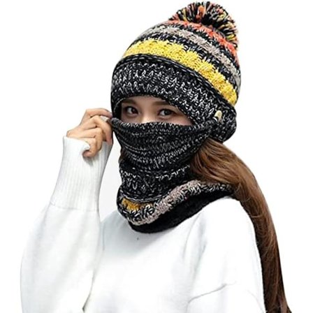 3 i 1 Dame Strikket Lue Sirkelsjal Maskesett Fleece Pom Pom Lue Skjerf Full Varm Maske Øreklaff Termisk Vinter Sykling Balaclava Skull Cap