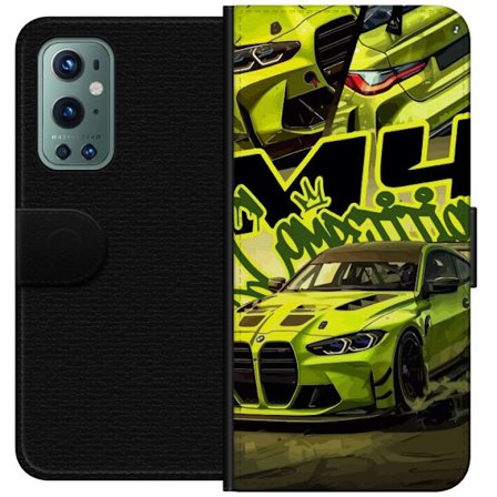 Yhteensopiva Lompakkokotelo OnePlus 9 Pro Bluey-perhe iloisessa piirrostyyliä kukkaisella taustalla ja leikkisällä väripaletilla