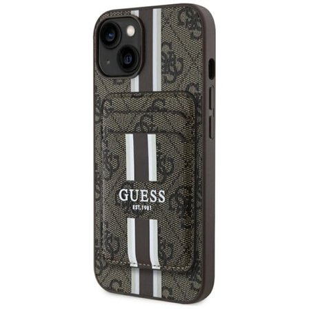Guess 4G Stripes-etui med Magsafe-lommebok for iPhone 15 brun