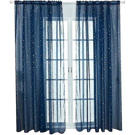 Stjerne Tulle Gardiner, Gennemsigtige Stjerne Gardiner til Soveværelse Glitter Stjerne Voile Gardinpanel (100x200CM, Blå)