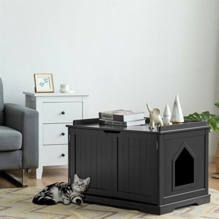 Kattebakke med opbevaring og justerbar skillevæg – Sort
