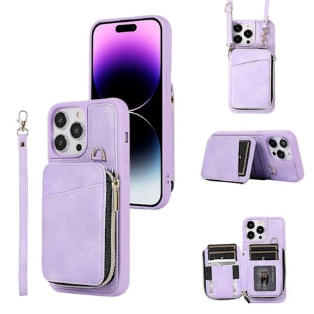 For Iphone 15 Pro Max Glidelås Lommebok Telefondeksel Stativ Pu Lærbelagt Tpu Etui