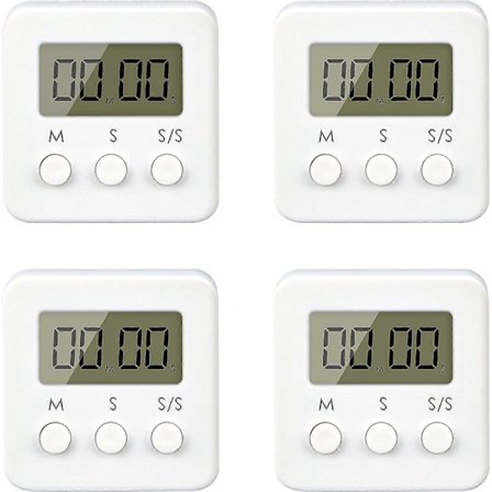 Digital Timer, 4-pakning Mini Stoppeklokke med Høyt Alarm, Nedtelling Opptelling til 99.59 & LCD-Display Kort Timer for Kjøkken, Kontor, Sport Hvit