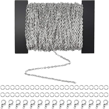 12 meter kjede for smykkelaging 2*3mm jernhalskjede med 100 hoppringer og 30 hummerlåser for smykkelaging, sølv og gull (sølv)