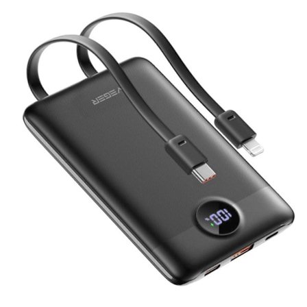 Extern Laddare 10000mAh USB 22.5W Kablar USB C 20W och Lightning 20W, Svart