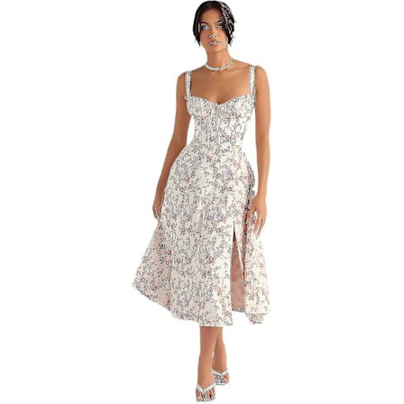 2023 Ny Dam Blommig Korsett Midiklänning, Sommar Boho Kvadrat Hals Ärmlös Flytande Slit Lace Up Print Åtsittande Bustier Sommarklänning.