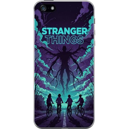 Yhteensopiva Puhelinkuori Apple Apple iPhone 5 Stranger Things -inspiroitunut fantasiaillustraatio, jossa on tumma hirviö, pyöräilevät lapset ja d