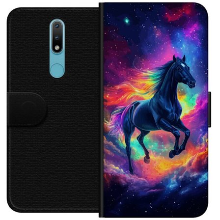 Kompatibelt Plånboksfodral till Nokia Nokia 2.4 Färgstark galaxhäst med regnbågsmane i rymdmiljö, magisk fantasyillustration för barnrum, poster