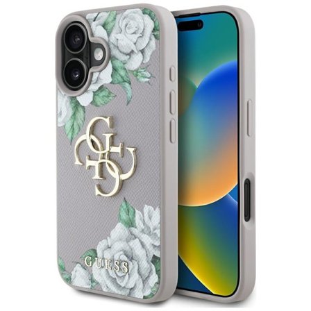 Guess Rakeiset ruusut iso 4G-logo iPhone 16 kotelo - violetti