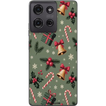 Kompatibel Mobilcover til Motorola Moto G75 Julemotiv med slikkepinde, ure, gaver og snefnug festligt mønsterdesign perfekt til juledekoration og gave