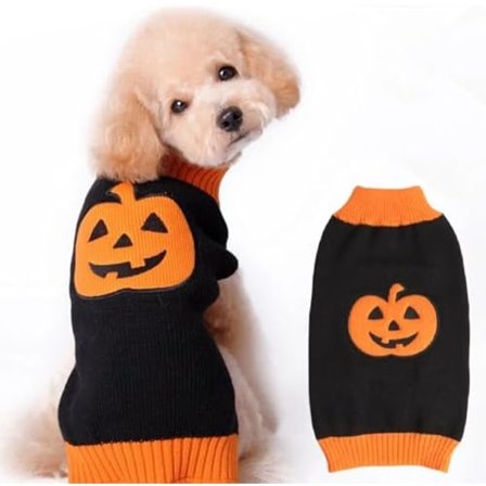 Strikket Gresskar Hundekostyme - Halloween Genser for Små, Mellomstore og Store Hunder - Morsomt Festantrekk for Katter og Valper - Svart