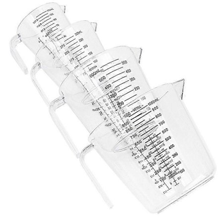 Målebægersæt i plastik, 4 stk. BPA-fri, klar, varmebestandig plastik med vinklet greb og tud, stabelbart målebæger til køkkenbrug