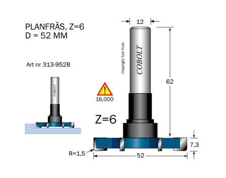 Cobolt 313-952B Planfres D=52 Z=6 R=1,5 L=7,3, Maskintilbehør & forbruk