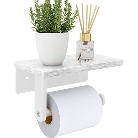 Toalettpappershållare med hylla i naturlig marmor, Toalettpappershållare för badrum Toalett Vit