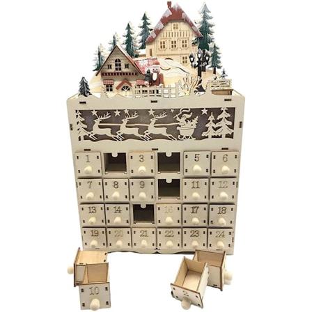 Trefadder i tre med LED-lys - Påfyllbar adventskalender med 24 skuffer, perfekt for julekalender - Vakker hjemmedekorasjon