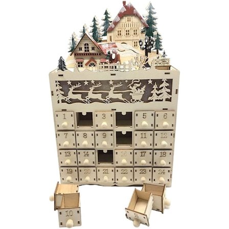 Julekalender i tre med LED-lys - Gjenfyllbar adventskalender med 24 skuffer, perfekt for nedtelling til jul - Vakker hjemmeinnredning