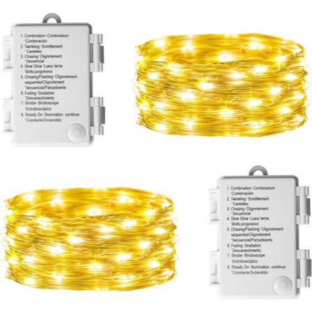 Fairy lyskæde drevet af 2 batteripakker, 8 tilstande, 50 LED'er, 5-meter kobbertråd, vandtæt (varmt hvidt lys)