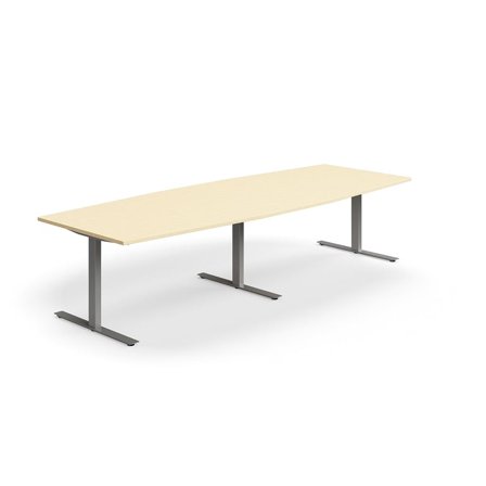 Conference table QBUS, boat shaped, 3200x1200 mm, T-frame, silver frame, birch