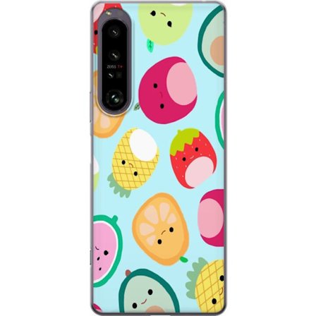 Kompatibel Mobilcover til Sony Xperia 1 IV Mønster af kawaii frugter som jordbær citron ananas og avocado på lyseblå baggrund