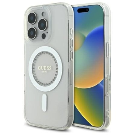 Guess IML Rhinestones MagSafe-fodral för iPhone 16 Pro - Vit