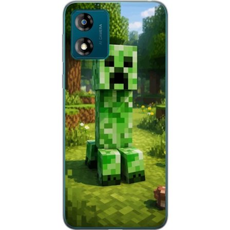 Kompatibelt Mobilskal till Motorola Motorola Moto E13 Block-baserad Creeper-figur i en grön pixell värld, ikonisk spelillustration för barnrum, gam