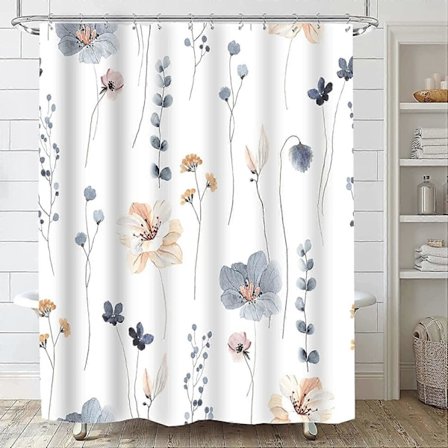 Akvarel Blomster Bruseforhængssæt, Blå Beige Blomster Badeværelsesforhæng, Moderne Minimalistisk Hvidt Badeforhæng, Vandtæt Stof med 12 Kroge 183x183 