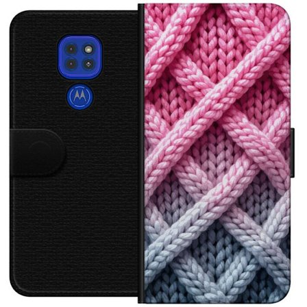 Yhteensopiva Lompakkokotelo Motorola Moto G9 Play Lähikuva kudotusta tekstiilikuviosta vaaleanpunaisissa, harmaissa ja valkoisissa sävyissä, joissa