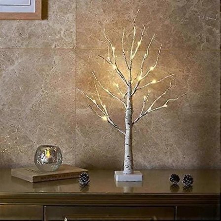 Hvit juletre med lys Mini bjørkekvist tre ornament med 24 varmhvite LED-lys Batteridrevet borddekorasjon til jul (60cm/2ft)