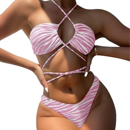 Damernas Sexiga Strap Halter Cross Front Högutskuren Tanga 2-Delad Bikini Set Baddräkt, Rosa, S