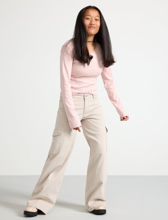 Lindex Trousers Twill Washed Wide Leg - Cream - 128