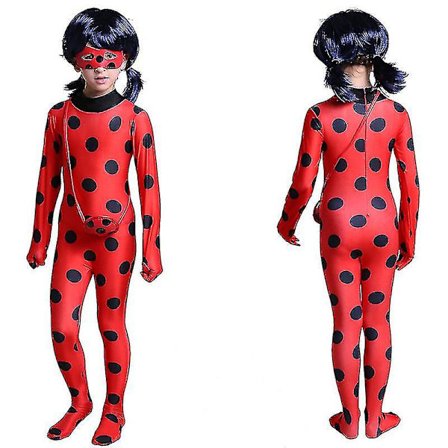 Bimirth Børnepige Ladybug Cosplay Sæt Halloween Fest Jumpsuit Fancy Dress Kostume med øjenbind, paryk, taske-yky NX