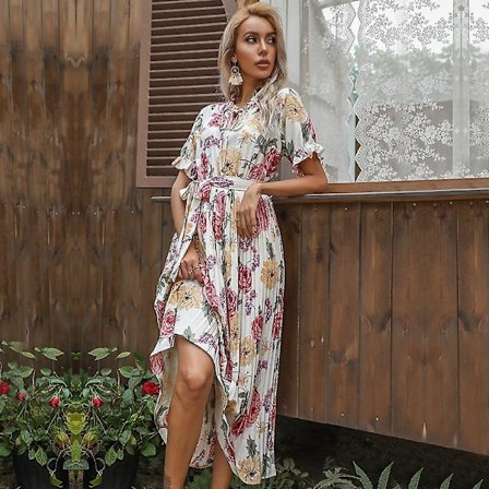 Sommerprintet flæse kortærmet dobbelt snøre plisseret A-linje all-match lang kjole til kvinder