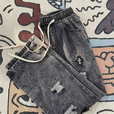 Blonde revet jeans Mode Mærke I Foråret Og Efteråret Pu Shuai Herrebukser Amerikanske Casual Løs Lige Bukser Black XXL